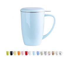 LOVECASA Porzellan Teetasse, mit Edelstahl Teesieb, 450 ml Tee Becher mit Deckel, Himmelblau