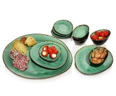 Sänger Servierplatten Palm Beach aus Porzellan 11er Set | Servierteller von groß bis klein | Inklusive 4 Dipschalen | Servier Set mit Reisslack Effekt bestehend aus Serviertellern und Schalen