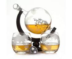 casa-vetro Whisky Karaffe 900 ml Mundgeblasen GLOBUS und 2 Gläser Set je 350ml Glas-Karaffe Welt Dekanter Flasche 0,9 Liter l Glasflasche Likör Schnaps Wein Karaffe Dekantierer (Globus Holz Set)