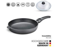 Aluguss Bratpfanne 28 cm Induktion mit Deckel 4,5 cm Innenhöhe I Made in Germany I Hoher Rand I Abnehmbarer Griff I Antihaft beschichtet I Induktionspfanne für Bartkartoffeln Fisch Fleisch