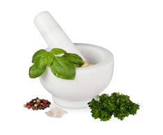 Relaxdays Marmor Mörser mit Stößel, robust & langlebig, Gewürze, Kräuter, polierter Steinmörser, Ø 10 cm, V 120 ml, weiß