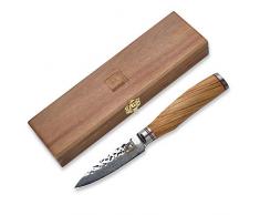 Zayiko Olive Damastmesser Officemesser - sehr hochwertiges sehr scharfes Profi Office Messer mit Damast Klinge 9 cm, Küchenmesser, Kochmesser