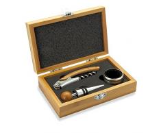 Weinset in einer Bambus-Box inklusive Kellnermesser, Weinkragen und Flaschenverschluss aus Edelstahl und Bambus