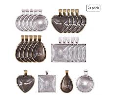 MUCHEN-SHOP Anhänger Lünette,24er Pack Leere Anhänger Tabletts mit 24er Pack Cabochons Glaskuppel Anhänger Schale zum Basteln DIY Schmuck Machen Halskette Fotos Rund Quadratisch Herz Teardrop Formen