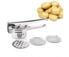 KUANDARMX Sicher Kartoffelpresse mit 3 Siebeinsätze, Muskatreibe und Kartoffelsack – Spülmaschinenfeste Presse aus Edelstahl für die Zubereitung von Kartoffelpüree, Klößen, Gnocchi Anwesend
