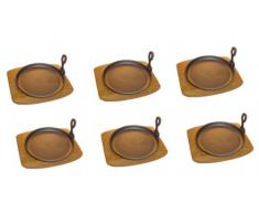 Servierpfanne rund Gusseisen mit Holzuntersetzer - 6 Stück