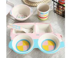 Schüssel Kinderbesteckset Bambusfaser-Cartoon-Autoteller Babyreisschale bruchsicheres Essschalengeschenk (Color : Pink)