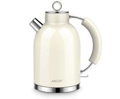 Wasserkocher Edelstahl, ASCOT Elektrischer Wasserkocher, 2200W, 1,6L, Retro Design, BPA frei, leiser Schnellkochkessel, kabelloser Teekessel, Trockengehschutz und automatische Abschaltung, (beige)