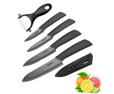 Cadrim Keramikmesser Set,Kochmesser mit Klingenschutz,Allzweckmesser und Messerschärfer,Keramik Küchenmesser zum Schneiden Obst Gemüse Fleisch - Sets of 5,Schwarz