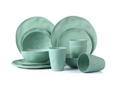 LEKOCH 16-teilige Bio Bambus Umweltfreundlich Camping Geschirr Set für Picknick/BBQ Grill/Fest/Camping/Party Set mit Teller, Salatteller, Suppenschüssel und Becher für 4 Personen (Grün)