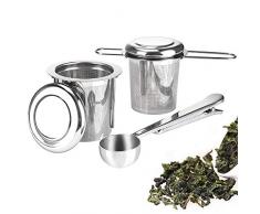 OIZEN 2 Stück Teesieb Teefilter mit Löffel Deckel/Abtropfschale, Teefilter 304 Edelstahl Teesieben mit Faltbare Griffgestaltung für Teekannen Bechern Tassen