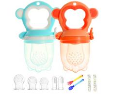 Faburo 2PCS Fruchtsauger für Baby Fruchtsauger Äffchen BPA-Frei 6 Silikon Schnuller in 3 Größen mit Suppenkelle Gabel Baby Finger Zahnbürste Schnullerkette für Obst Gemüse Brei Beikost