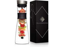 GLASWERK Design Karaffe - Glaskaraffe (1L) mit Fruchtspieß, Edelstahldeckel & Griff - edle Wasserkaraffe aus Borosilikatglas