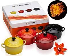 LE CREUSET 79212105129100 Poterie Mini-Cocotte/Bräter-Set, 4-teilig, Rund, Je 200 ml, 10 x 5 cm, Steinzeug, Feuer und Flamme (Gelb/Kirschrot/Ofenrot/Schwarz)