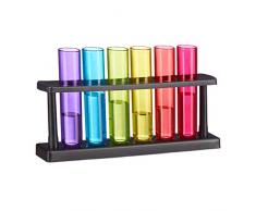 Relaxdays, bunt Reagenzgläser Shotgläser, 6 witzige Schnapsgläser mit Ständer, 4 cl, Test Tubes für Shots, Kunststoff, 6er Set