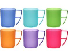 idea-station NEO Kunststoff-Tassen 6 Stück, 350 ml, bunt, Griff, mehrweg, bruchsicher, Kaffee-Becher, Kaffee-Tasse, Kinder-Tasse, Kinder-Becher, Party-Geschirr, Camping-Geschirr