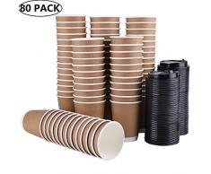 Lawei 80 Stück Kaffeebecher Einweg Pappbecher Kraftkarton Trinkbecher mit Deckel für Tee Kaffee Kakao Heißen & Kalten Getränke - 300ml