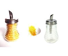 Zuckerstreuer,Zuckerdosierer aus Glas + Zucker farbig gold