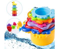 OleOletOy Kinder Badewannenspielzeug Set - 8X Stapelbecher mit Einer Badeente | 2 in 1: Wasser/Sand Abfliessen, Becher Stapeln | Spielzeug für Baby - BPA Frei Badespielzeug Sandspielzeug