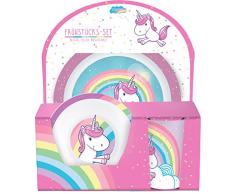 Einhorn Melamin 3 teiliges Frühstücksset - Teller Trinkglas Müslischale für Schule Kindergarten und Zuhause