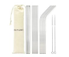 NATUMO Edelstahl Strohhalm wiederverwendbar, Metall Trinkhalm Set - 12 Strohhalme gerade + gebogen, inkl. 2 Bürsten + 1 Beutel
