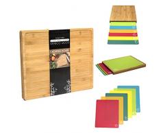 * * 7-in-1-Schneidebrett-Set mit extragroßem, indexiertem Bambusholzbrett (420 x 340 x 35 mm) mit 6 bunten lebensmittelkodierten PP-Matten von Chef‘s Choice