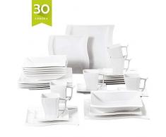 MALACASA, Serie Flora, 30 tlg. Cremeweiß Porzellan Geschirrset Kombiservice Tafelservice im leichten Kurveform für 6 Personen