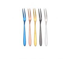 Egurs Edelstahl Obstgabel 5 Stück Bunt Wiederverwendbare Obstgabel Kuchengabel Cocktailgabeln Dessertgabeln,Silber, Gold, Roségold, Schwarz, Blau