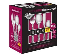 Besteck aus Kunststoff, gehämmert, silberfarben, 180 Teile, Gabeln, Messer, Suppenlöffel und Teelöffel