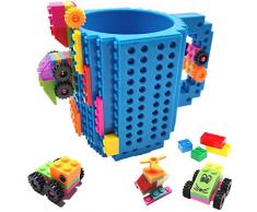 HUISEHNG Build on Brick Tasse, Building Mug Becher, Ostern Vatertag Geburtstag Einschulung Weihnachtengeschenk Idee, Geschenk für Männer Kinder Papa Junge, Kompatibel für Lego (Blau)