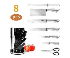 Velaze Messerblock Set, 8-teilig Messerset, Kochmesser Set, Edelstahl, Ergonomischer Holz-Griff, drehbarer Block, Küche, Profi, Feststehend, Extra Scharf, Allzweck Rostfrei(Silber)