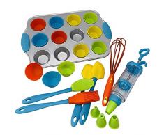 23 tlg. Backset 3 für Kuchen Küchenhelfer für Spielküche Lebensmittel - Cupcakes Backblech mit 12 Silikonbackförmchen hitzebeständig bis 220 Teigspritze Silikonpinsel Silikonlöffel Quirl u. 2 Spatel
