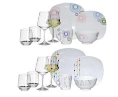 Hekers Melamin-Geschirr Kreisel Weiss eckig16 TLG für 4 Personen + 4 Weingläser u. 4 Tumbler/Wassergläser aus Polycarbonat Camping-Geschirr Tafel-Service Picknik Trekking Outdoor