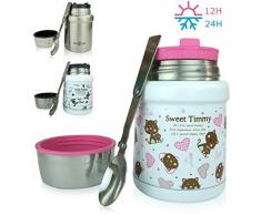 Wenburg Thermobehälter/Isolierbehälter Wolton - 450 ml I Premium Speisebehälter mit Löffel, für Essen, Babynahrung, Suppen. Edelstahl Vakuum Lunchbox für Unterwegs I Baby (Katzen/rosa, 450 ml)