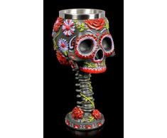 Totenkopf Gothic Trink-Kelch mit bunten Blumenmotiven - Sugar Blooms | Fantasy Wein-Kelch, handbemalt