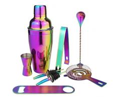 Vosarea Cocktail Set Edelstahl Bunte Beschichtung Shaker Messbecher Flaschengießdüse Eissieb Bar Löffel Eiszange Kit Barzubehör für Restaurant 750ML 8St.