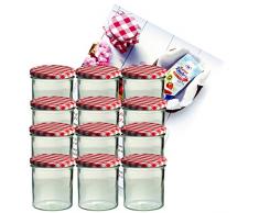 MamboCat 12er Set Sturzglas 350 ml Marmeladenglas Einmachglas Einweckglas to 82 rot Karierter Deckel incl. Diamant-Zucker Gelierzauber Rezeptheft