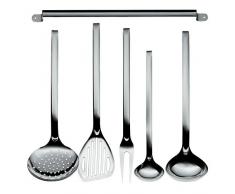 WMF Practico Schöpflöffel-Set 6-teilig, Hängeleiste mit 5 Küchenhelfern, Schöpflöffel, Schaumlöffel, Saucenlöffel, Wender, Fleischgabel, Cromargan Edelstahl, spülmaschinengeeignet