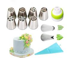 11tlg. Spritztüllen Set, Profi Edelstahl Russische Tüllen Aufsätze: 7 Große-Blumen-Tüllen, 2 Blätter, 1 Adapter, 1 Silikon Spritzbeutel, Cupcake Deko Backset, Backzubehör, Torten Kuchen Dekorieren