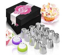 MoNiRo 33tlg. Profi Spritztüllen Set aus Edelstahl - Große Russische Tüllen + Silikon Spritzbeutel & Backzubehör zum verzieren von Cupcakes & Torten - Rosen Blumen - Blätter -Spritztüllenset - Backset