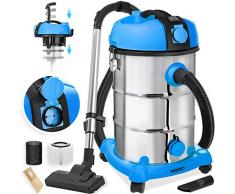 MASKO® Industriestaubsauger Staubsauger Nass Trocken Sauger Edelstahl 2300W + Steckdose | Blasfunktion | Trocken-Saugen & Nass-Saugen | Push&Clean | Industrie-Sauger mit & ohne Beutel | beutellos Blau