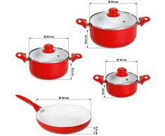 TecTake® 8 teiliges Keramik Kochtopf Set mit Glasdeckel rot