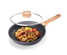 MAIFENGLE Antihaftbeschichtete Bratpfanne Wok Schmorpfanne,mit Glasdeckel, Aluminium,induktionsgeeignet,pflegeleicht,Sparen Sie Öl, Schwarz,24CM