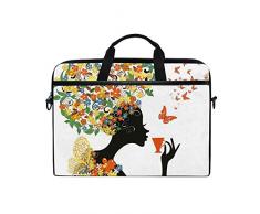 LOSNINA Laptop Tasche 15-15.4 Zoll,Frauen Schattenbild heißer Tee Schalen Schmetterlings Flügel Gänseblümchen Mohnblumen Hibiskus Frisur,Drucken Muster Aktentasche Schulter Messenger Handtasche