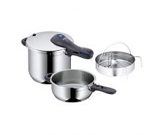 WMF Perfect Plus Schnellkochtopf Set 3-teilig 6,5l + 3,0l mit Einsatz-Set, Schnelltopf 22 cm Cromargan Edelstahl poliert, Induktion, 2 Kochstufen, Einhand-Kochstufenregler