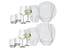 Hekers Melamin-Geschirr Line blau Weiss rund 16 TLG für 4 Personen + 4 Weingläser u. 4 Tumbler/Wassergläser aus Polycarbonat Camping-Geschirr Tafel-Service Picknik Trekking Outdoor