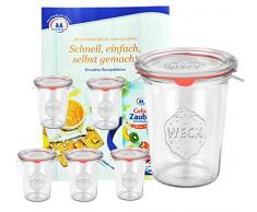 6er Set Original WECK 3/4-Liter Sturzglas, 850 ml, Rundrandglas RR100 + Glasdeckel + Dichtring + Weck-Klammern + GRATIS Rezeptheft, Einmachglas, Einkoch-Set, Einlegen, Einwecken + Konservieren, Glas