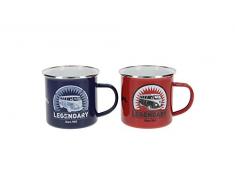 BRISA VW Collection - Volkswagen T1 Bulli Bus Emaille-Kaffee-Tee-Tasse-Becher für Küche, Werkstatt, Outdoor - Camping-Zubehör/Geschenk-Idee/Souvenir (Motiv: Legendary/Rot/Blau/2ER SET/350ml)