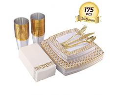 Focus Line Einweggeschirr-Set, 175-teilig, quadratisch, Kunststoff, quadratisch, 25 Essteller, 25 Salatteller, 25 Servietten und 25 Plastikbesteck Square Gold 1 gold