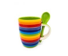 Windhorse Rainbow Keramik gestreift großer Kaffee/Tee Tasse mit Löffel – 350 ml – 10 ½ cm hoch x 8 ½ cm Durchmesser – handbemalt